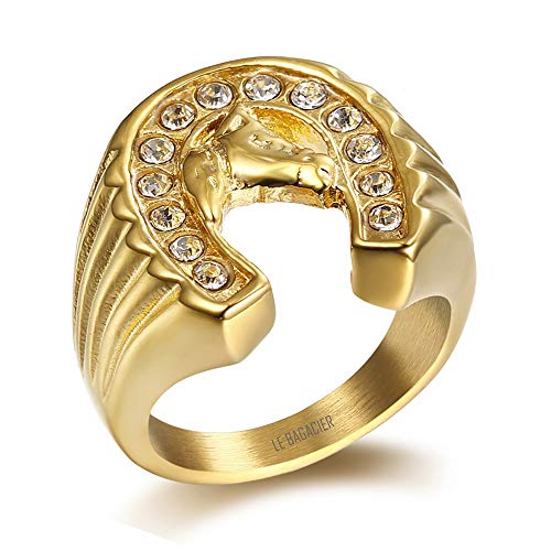 BOBIJOO JEWELRY - Anillo Anillo Anillo de la Cabeza de Hombre, Caballo de Hierro Diseño, Elegante Circonio Chapado en Oro de Acero Viajero Camarga - 17 (8 US), Dorado - Acero Inoxidable 316