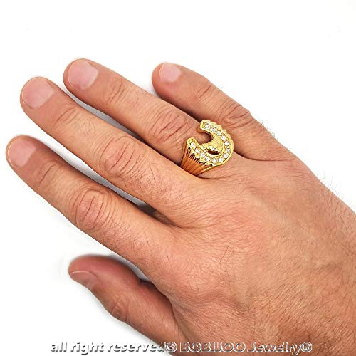 BOBIJOO JEWELRY - Anillo Anillo Anillo de la Cabeza de Hombre, Caballo de Hierro Diseño, Elegante Circonio Chapado en Oro de Acero Viajero Camarga - 17 (8 US), Dorado - Acero Inoxidable 316