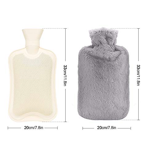 Bolsa de Agua Caliente, otumixx Botellas de Agua Caliente con Suave Felpa Funda 2L Natural Goma Agua Caliente Bolsa Hot Water Bottle para Mantener el Agua Caliente-Gris, Gris