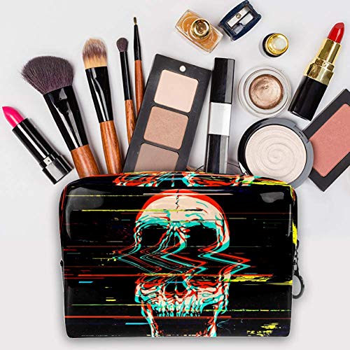 Bolsa de maquillaje portátil con cremallera bolsa de aseo de viaje para las mujeres práctico almacenamiento cosmético cráneo en modo RGB offset