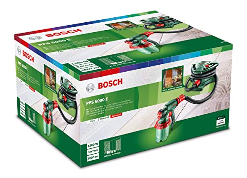 Bosch PFS 5000 E - Sistema de pulverización de pintura (1200 W, 2 depósitos para pintura de 1000 ml, boquilla para pintura de paredes, barniz, esmalte, cepillo de limpieza)