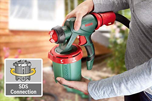 Bosch PFS 5000 E - Sistema de pulverización de pintura (1200 W, 2 depósitos para pintura de 1000 ml, boquilla para pintura de paredes, barniz, esmalte, cepillo de limpieza)