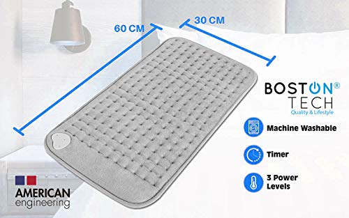 Boston Tech WE-115 Almohadilla Termica de 30x60 Cm. Color Gris. Manta Eléctrica de Calentado rápido, Tres niveles de temperatura, Apagado Automático.