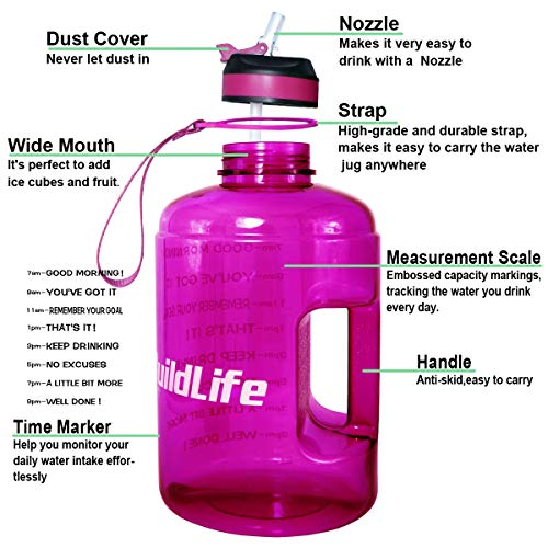 BuildLife - Botella de Agua de Boca Ancha con Pajita y Tiempo Marcado para Beber más a Diario, sin BPA, Reutilizable, para Deportes al Aire Libre, Color Morado, tamaño 2.2L