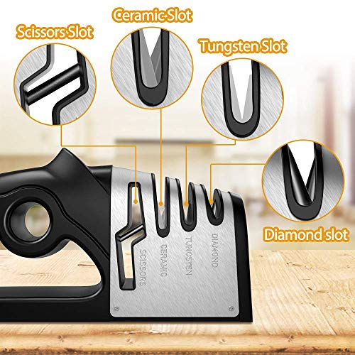 BYETOO Afilador de Cuchillos Profesional, 4 en 1 Knife Sharpener, Afilador Cuchillos Manuales de Cocina de 4 Etapas para Muchos Tipos de Cuchillos y Tijeras,Apto para Uso en Cocina y Exterior.