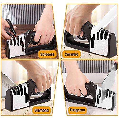 BYETOO Afilador de Cuchillos Profesional, 4 en 1 Knife Sharpener, Afilador Cuchillos Manuales de Cocina de 4 Etapas para Muchos Tipos de Cuchillos y Tijeras,Apto para Uso en Cocina y Exterior.