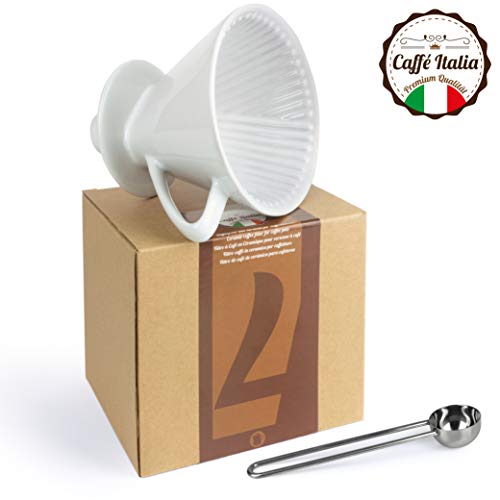 Caffe Italia Filtro de café Permanente para cafetera - Filtro Manual de café para 2-4 Tazas - Filtro de café de Porcelana - Filtro Duradero para bolsitas de Filtro de café del tamaño 4 - Color Blanco