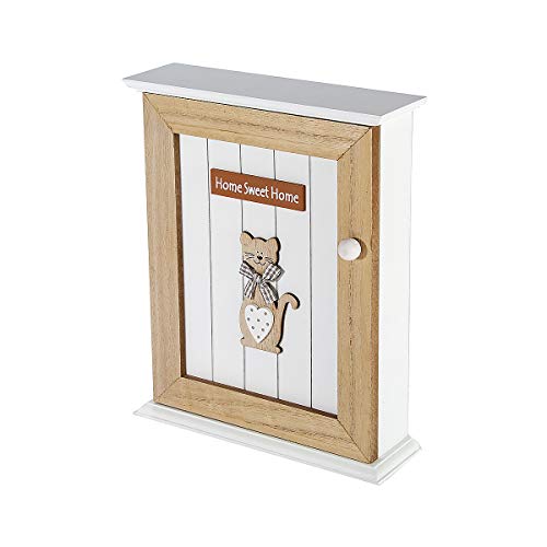 Caja para Llaves 6 Ganchos, Caja Colgador Llaves, Armario de Llaves para la Pared, Madera Blanco y Marrón, Decoración para la Cocina y el Hogar con Diseño de Gato