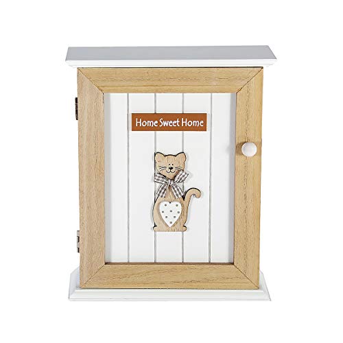 Caja para Llaves 6 Ganchos, Caja Colgador Llaves, Armario de Llaves para la Pared, Madera Blanco y Marrón, Decoración para la Cocina y el Hogar con Diseño de Gato