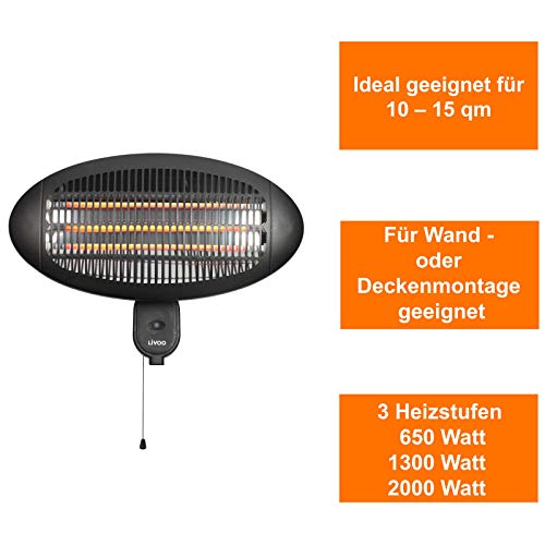 Calefactor de infrarrojos para terraza o exterior, calefactor eléctrico para terraza (calefacción por infrarrojos, montaje en pared y techo con interruptor, 3 niveles de calefacción)