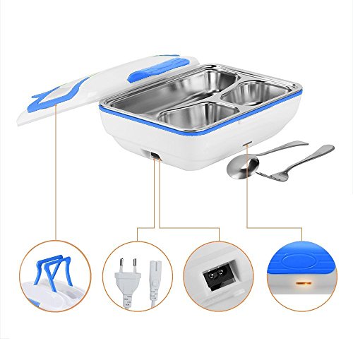 Calentadores Eléctricos Portátiles, 820ml Acero Inoxidable Calentador de Comida Taper con Cuchara Incluida para la Escuela de Oficina Coche (Azul)