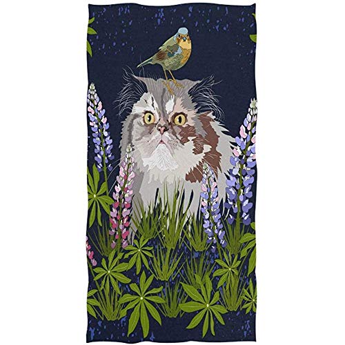 Candi-Shop Gato Persa Pájaro en jardín con Flor de altramuz en Azul Toalla de baño Suave Toallas de Mano absorbentes 27.5 * 15.7in