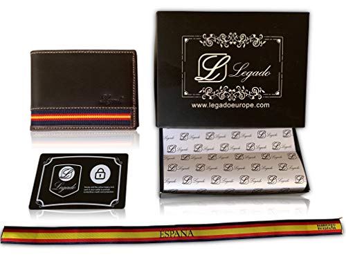 Cartera Hombre Legado Marrón Piel tratada con Bandera Regalo de Caja con diseño Exclusivo, Pulsera Bandera España y Tarjeta de protección RFID (Marrón Horizontal sin Broche)