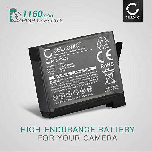 CELLONIC® Batería Compatible con GoPro Hero4, Hero 4 Black Edition, Hero 4 Silver Edition, Hero 4+ (Hero 4 Plus) (1160mAh) AHDBT-401,335-06532-000 bateria de Repuesto, Pila reemplazo, sustitución