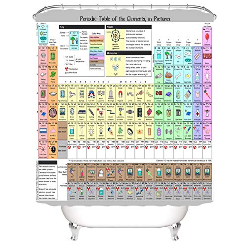 CELLYONE Cortina de Ducha Impermeable Moho Cortina de baño Cortina de baño de Agua Tela de Fibra de poliéster Tabla periódica de Elementos con Gancho de baño