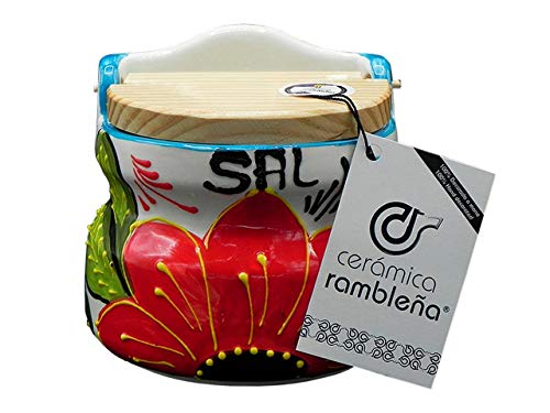 CERÁMICA RAMBLEÑA | Salero cocina | Salero con tapa de madera | Salero cerámica | Salero original | Decoración blanco-flor roja | 100% Decorado a Mano