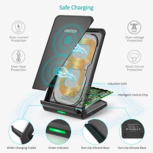 CHOETECH Cargador Inalámbrico iPhone, QI Wireless Charger Carga Rápida 7.5W para iPhone 11/11 Pro Max/SE 2/XS/XR/X/8/8 Plus,10W para Samsung S20+/S10/S10+/Note9/S9/S8+, 5W Huawei P30 Pro QI-Enabled