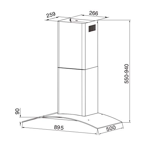 CIARRA CBCB9506B Campanas Extractoras Cristal 90cm 550m³/h 100W·3 Velocidad de Extracción·Evacuación al Exterior y Recirculación Interna por Filtro de Carbón CBCF004·Acero Inoxidable Negro