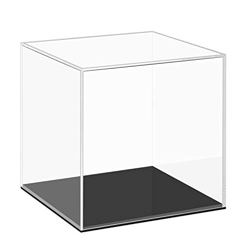 Cliselda Caja expositora de acrílico transparente con base negra, organizador de cubos de encimera, soporte elevador a prueba de polvo para figuras de acción, juguetes coleccionables (15 x 15 x 15 cm)