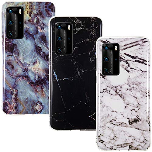 CLM-Tech Funda 3X Compatible con Huawei P40 Pro, Silicona TPU Case Cover Carcasa 3 Pack, Mármol Negro Blanco Multicolor