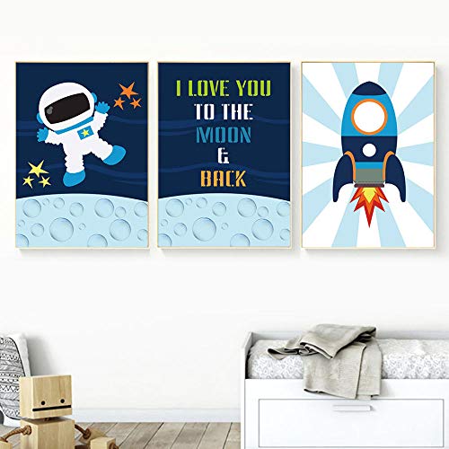 CNHNWJ Outer Space Universe Carteles Impresiones Space Lienzo Pintura en la Pared Astronauta Cohete Imágenes artísticas para niños Decoración de la habitación del niño (50x70cmx3 / sin Marco)