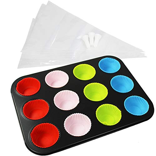 com-four® Juego de hornear Muffin de 26 piezas con lata para hornear, coloridos moldes de silicona, bolsas de tuberías y boquillas (26 piezas - Muffin Backset)