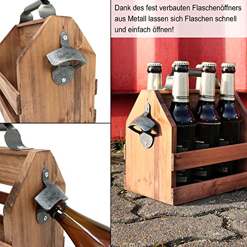 COM-FOUR® Portabidón de madera con abrebotellas de metal y asa de metal, 6 plazas, portabotellas para 6 botellas à 0,33 l