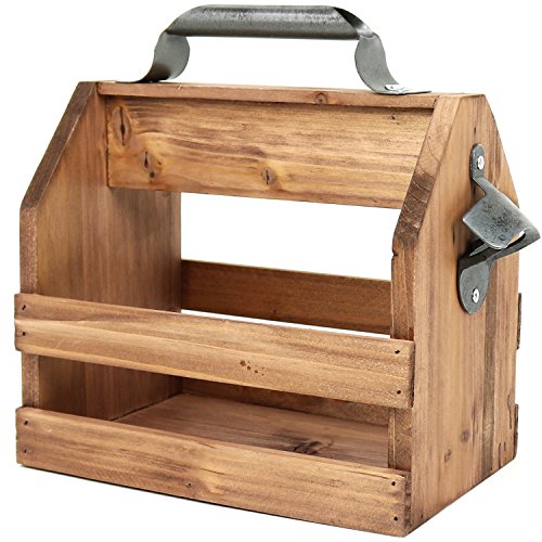 COM-FOUR® Portabidón de madera con abrebotellas de metal y asa de metal, 6 plazas, portabotellas para 6 botellas à 0,33 l