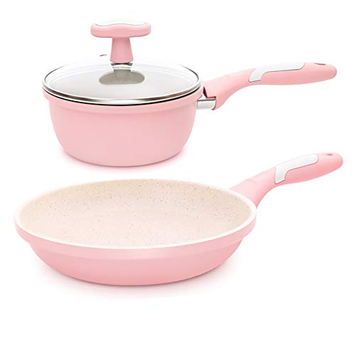 Complemento alimenticio olla de piedra maifan sartén antiadherente, fácil de limpiar, aluminio forjado recubierto de cerámica antiadherente, olla de sopa de leche con olla de tapa-Pink