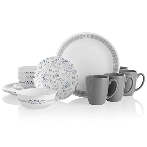 Corelle 3991F Prairie Garden - Juego de vajilla (16 piezas, resistente a las virutas y a la rotura, color gris