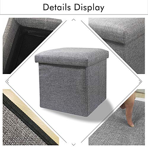 Cosaving Plegable Almacenamiento Taburete Otomanos con Almacenaje Lino Puff Asiento Baúl Cuadrado Caja de almacenaje con Tapa Reposapiés Sofá Cama para Ahorro de Espacio 30x30x30 cm, Gris