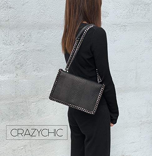 CRAZYCHIC - Bolso Serpiente Mujer - Bolso Bandolera Cadena Acolchado Piel Pitón Cuero PU Señora - Grande Mensajero Clutch Pochette Crossbody Bag - Bolso Cruzado Embrague Noche Negro