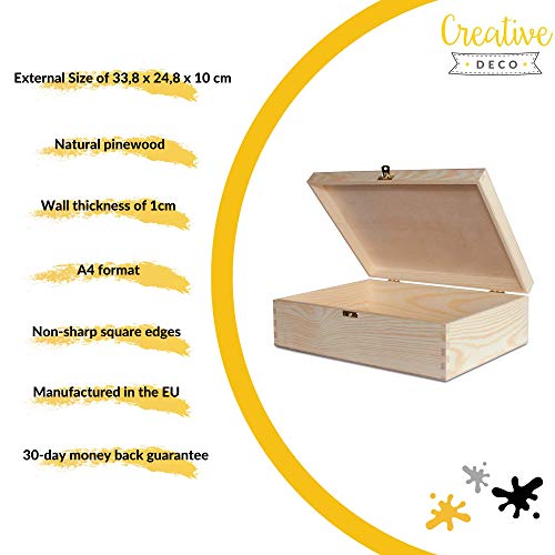 Creative Deco A4 Caja Madera para Decorar | 33,8 x 24,8 x 10 cm (+/- 1 cm) | con Tapa y Cerradura | Documentos Decoración Papeles Cartas Almacenaje Decoupage Herramientas Objetos de Valor Juguetes