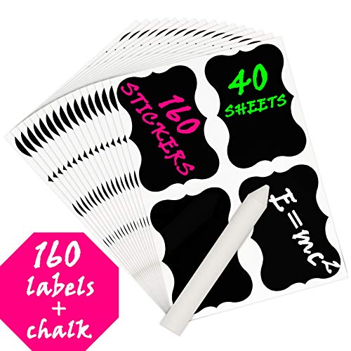 Creative Home Juego de 160 (40 Hojas) Etiquetas Adhesivas Reescribibles de Pizarra Negra + Tiza Blanca | Pegatinas Reutilizables Impermeables | para Cocina, Latas, Botes, Frascos, Botellas