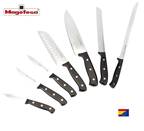 Cuchillo MAGEFESA Filo Acero Inoxidable, Línea Profesional con Filo de Corte de máxima precisión, Mango ergonómico, fácil Limpieza, Triplemente remachados (Pack 6 Cuchillos)