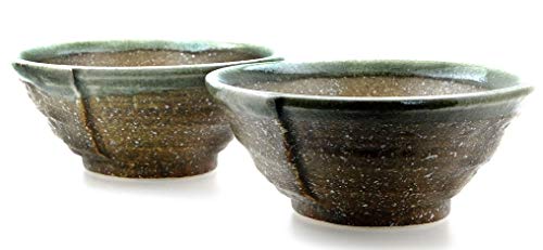 Cuencos de cerámica japonesa de amonita marrón y verde para dos