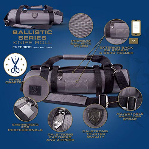 DALSTRONG – Ballistic Series rollo de cuchillos – Premium Ballistic Nylon & parte superior grano bolsa de cuero – 22 ranuras para cuchillos – Interior y trasero con cierre bolsillos