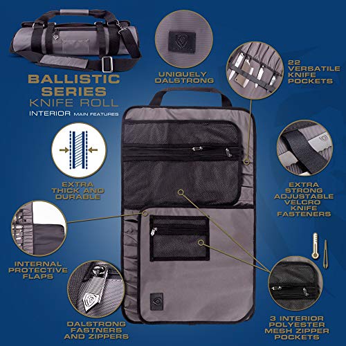 DALSTRONG – Ballistic Series rollo de cuchillos – Premium Ballistic Nylon & parte superior grano bolsa de cuero – 22 ranuras para cuchillos – Interior y trasero con cierre bolsillos