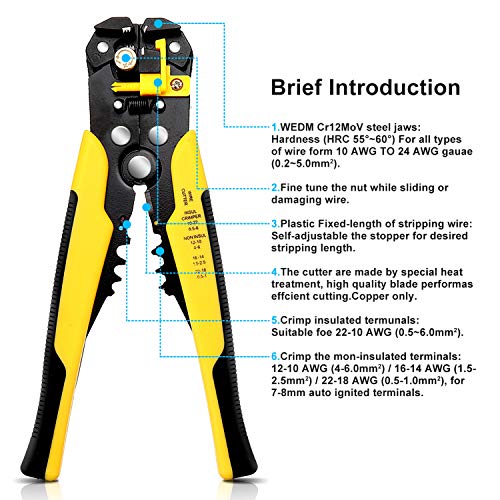 DANIU - Alicates Pelacables Automáticos y Alicates de Corte, incl. Cortador de Alambre/para Cables con Diámetro de 0.2 a 6 mm², Herramienta de Crimpado Alicates para Pelar Cables
