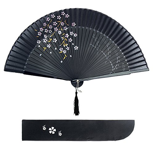 Dazone - Abanico asiático plegable de bambú japonés, con diseño de flores de cerezo, abanico plegable para bodas, fiestas, decoración, regalo para el Día de la Madre