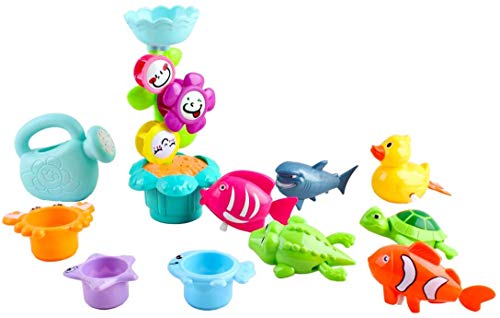 deAO Conjunto Juguetes para Hora del Baño Infantil Flor de Agua con Molinos, Pato, Cocodrilo, Tiburón, Tortuga, Peces, Regadera y Más Accesorios Incluye Bolsa de Almacenaje