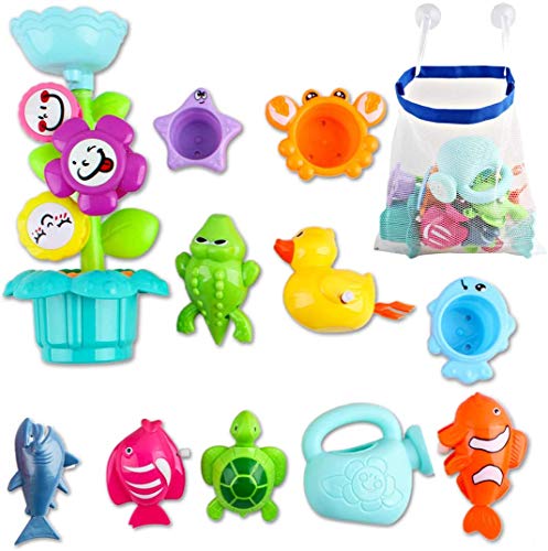 deAO Conjunto Juguetes para Hora del Baño Infantil Flor de Agua con Molinos, Pato, Cocodrilo, Tiburón, Tortuga, Peces, Regadera y Más Accesorios Incluye Bolsa de Almacenaje