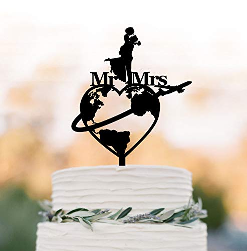 Decoración para tarta de boda con diseño de mapa del mundo para tartas, avión y señora, diseño de silueta de novia y novio