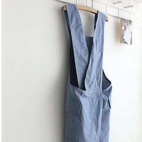 Delantal de chef de regalo estilo japonés X forma de mezclilla smock Natural algodón delantal halter cruzado vendaje babero cocina jardín desgaste (azul)