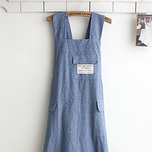 Delantal de chef de regalo estilo japonés X forma de mezclilla smock Natural algodón delantal halter cruzado vendaje babero cocina jardín desgaste (azul)