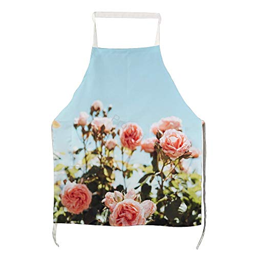 Delantal de cocina Promini 100% poliéster, con foto de flores rosas y blancas, delantal de cocina, delantal de cocina con dos bolsillos, delantal de chef para hombres y mujeres