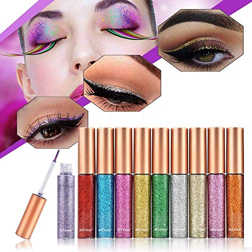 Delineadore de Ojos Purpurina Eyeliner, MS.DEAR 10 Colores Eyeliner Glitter Liquid Sombra, Impermeable Eyeliner Shimmer Pigmento Lápiz de Color Metalizado Líquido Glitter Eyeliner