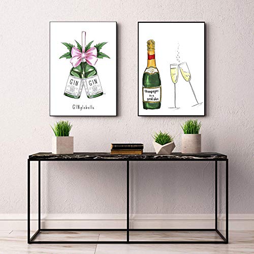 DHLHL Botella de Ginebra Arte de Pared Lienzo póster impresión Cocina Pintura Estilo nórdico decoración Imagen decoración del hogar 50x70cmx2 Piezas sin Marco