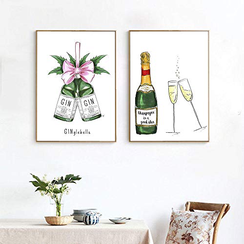 DHLHL Botella de Ginebra Arte de Pared Lienzo póster impresión Cocina Pintura Estilo nórdico decoración Imagen decoración del hogar 50x70cmx2 Piezas sin Marco