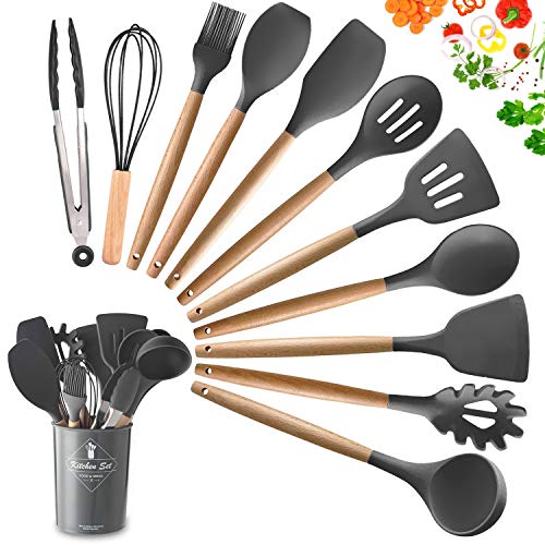 DOPGL Juego de 11 utensilios de cocina de silicona, resistentes al calor, mango de madera, sin BPA, no tóxico, espátula, espátula, cuchara, utensilios de cocina antiadherentes Gris